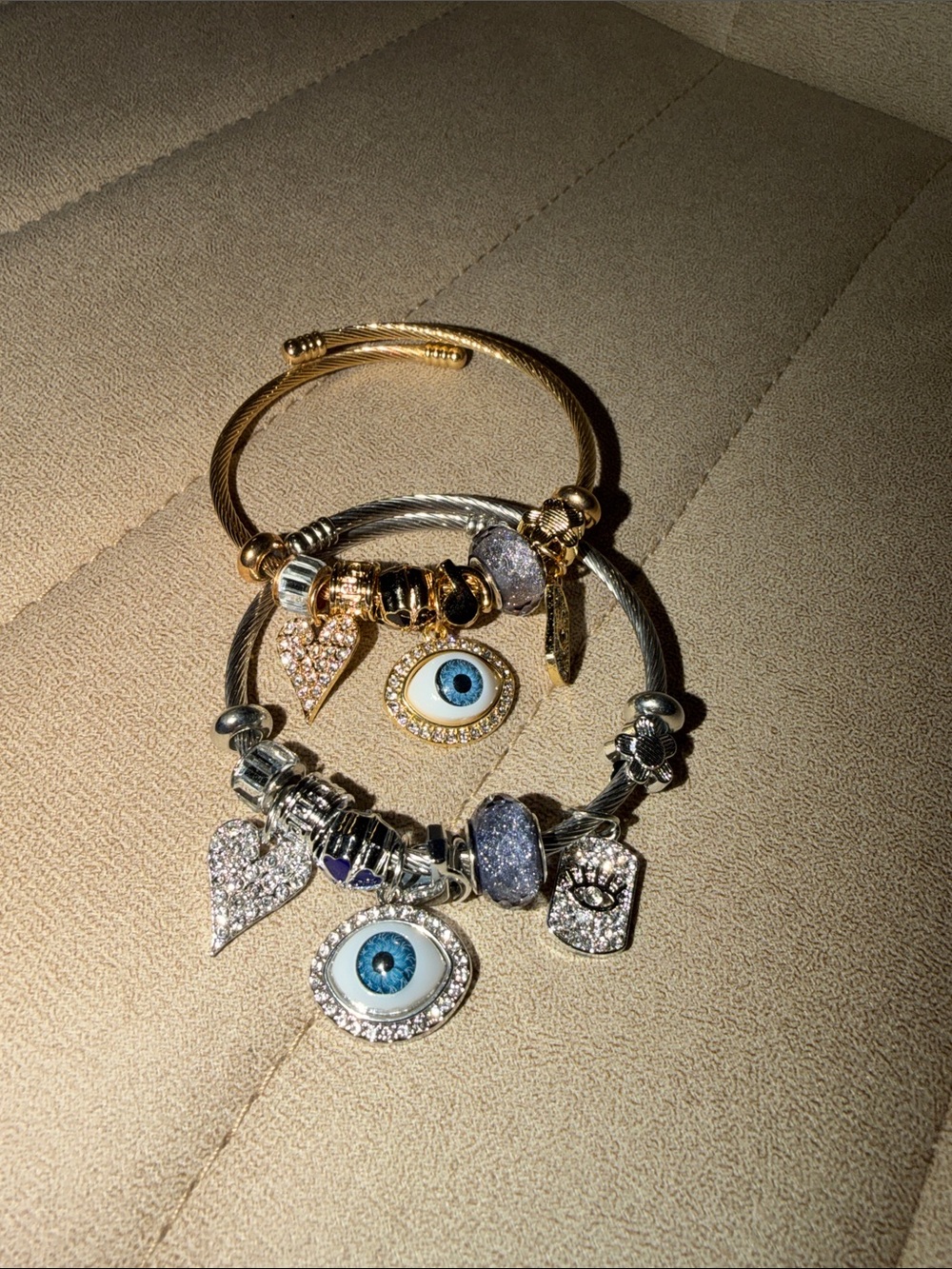 Gold & Silver Evil Eye Charm Bracelets with Blue Eye Accents